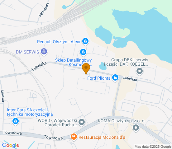 Mapa dojazdu do hurtowni motoryzacyjnej w miejscowości Olsztyn